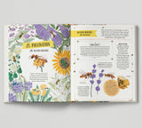 Open book showing pages about pollination with illustrations of bees, flowers, and text.