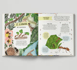 Open book with illustrations of ants and nature on a white background