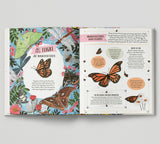 Open book of Buzz with illustrations of butterflies and text on a white background