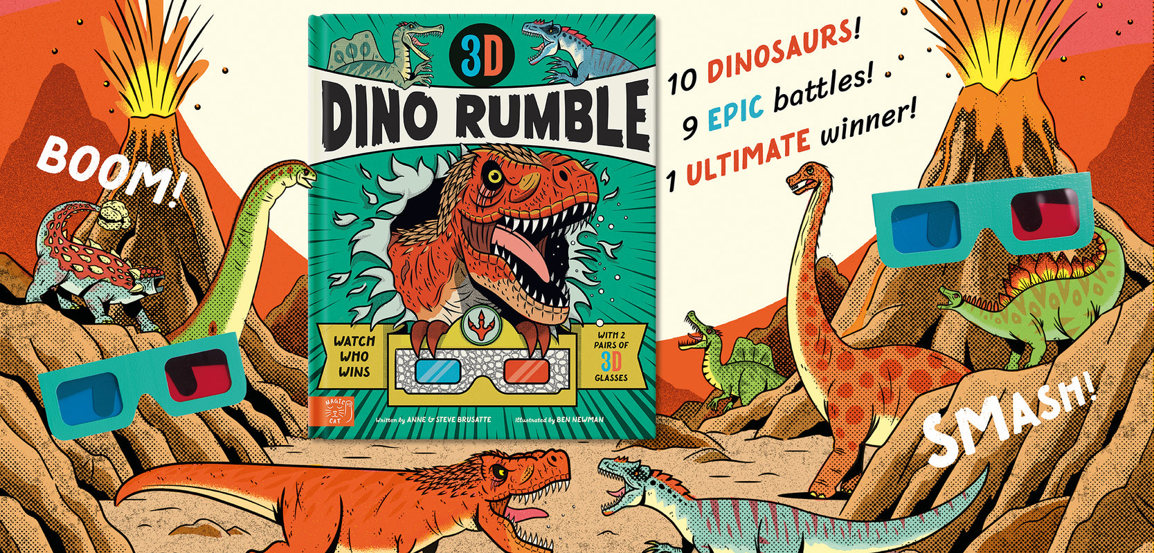 Image shows cover of 3D Dino Rumble surrounded by dinosaurs and 3D glasses