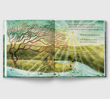 Open book with nature-themed illustration on a white background