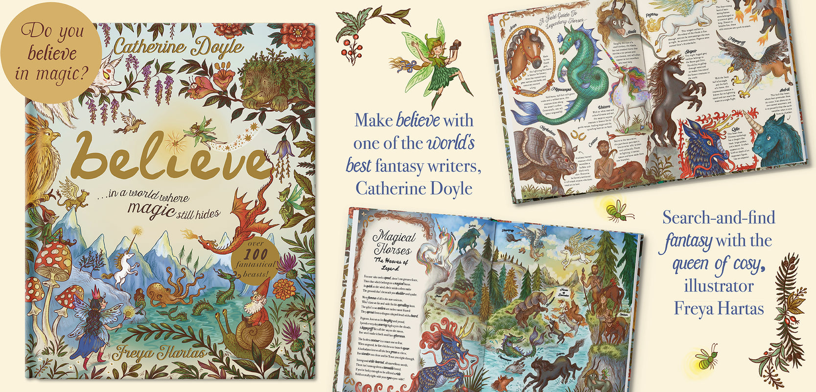 Image shows book cover of Believe by Catherine Doyle, showing the front cover, interior illustration pages, and a decorative spread on a cream background with text callouts.