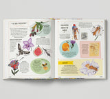 Open book with educational illustrations on pollination on a white background