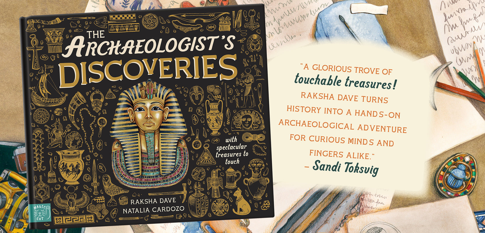 The Archaeologist's Discoveries book cover is shown prominently in a styled flat-lay arrangement with educational and writing props, including a notebook, pencil, and handwritten papers.