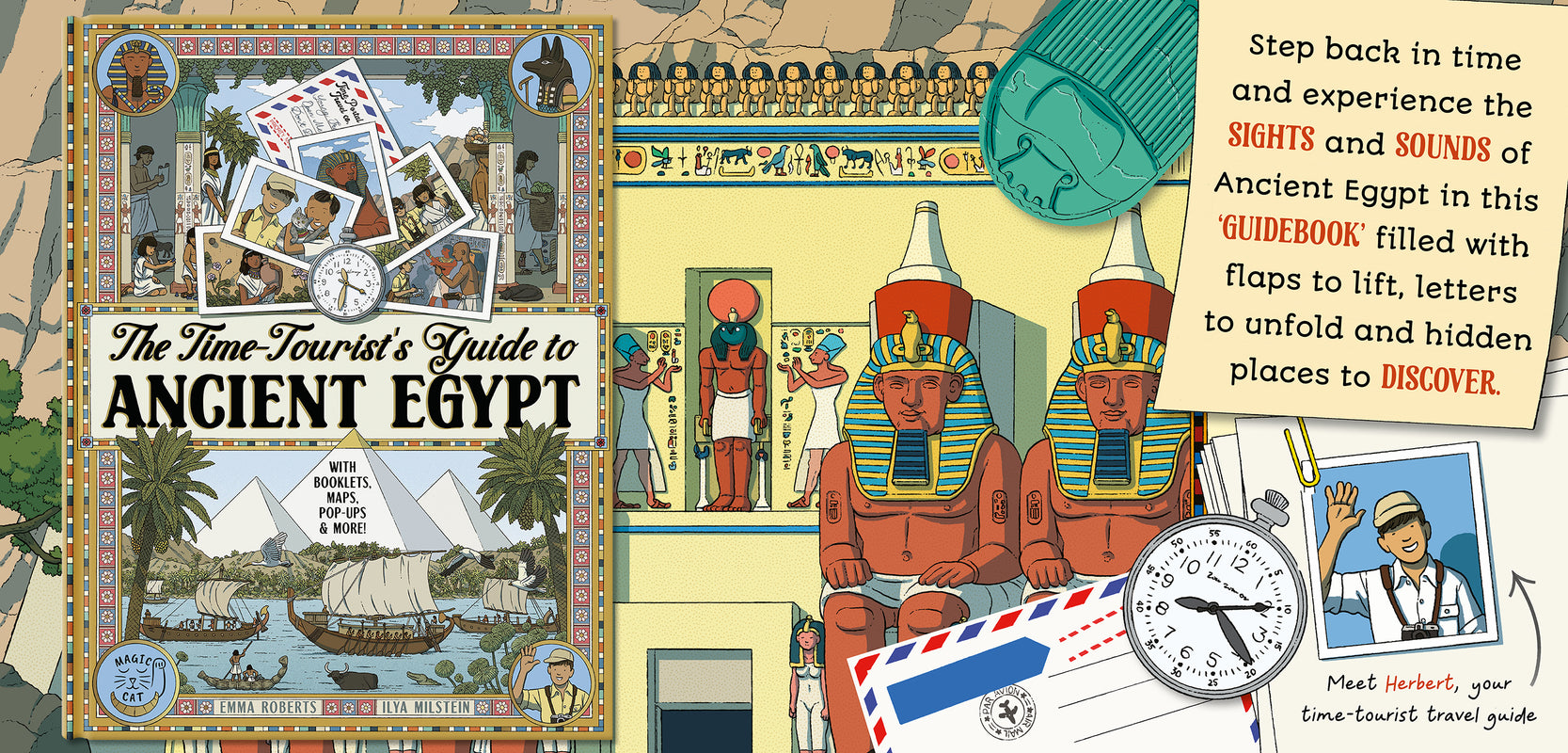 Front cover of the children's guidebook 'The Time-Tourist's Guide to Ancient Egypt' featuring colorful Egyptian-themed illustrations, a pharaoh, an airplane ticket and a pocket watch. 